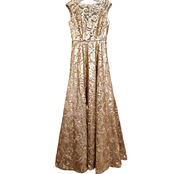 Calvin Klein Gold Sequin w/Nude Boat Neck A-line Sleeveless Evening Prom  Gown